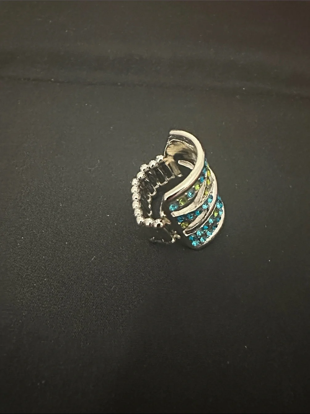 Silver Tone Multi-Row Blue & Green Crystal Statement Ring